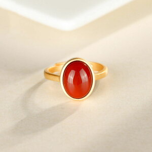 仿南紅故宮中國紅高檔女士款開口可調節橢圓蛋面造型時尚個性戒指