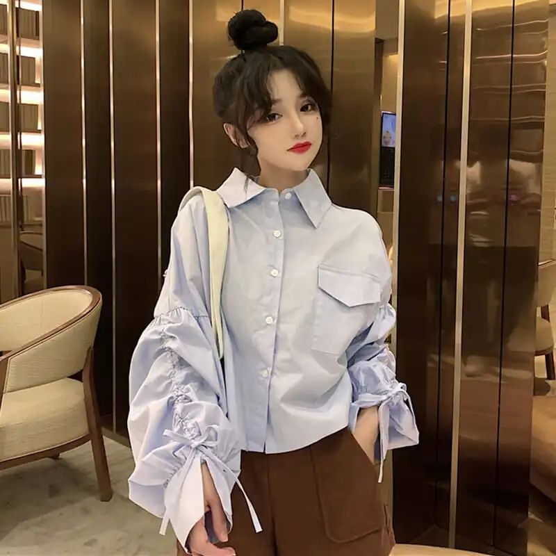 長袖褲裝時尚法式娃娃領甜美寬松百搭長袖襯衫上衣女裝潮秋季新款