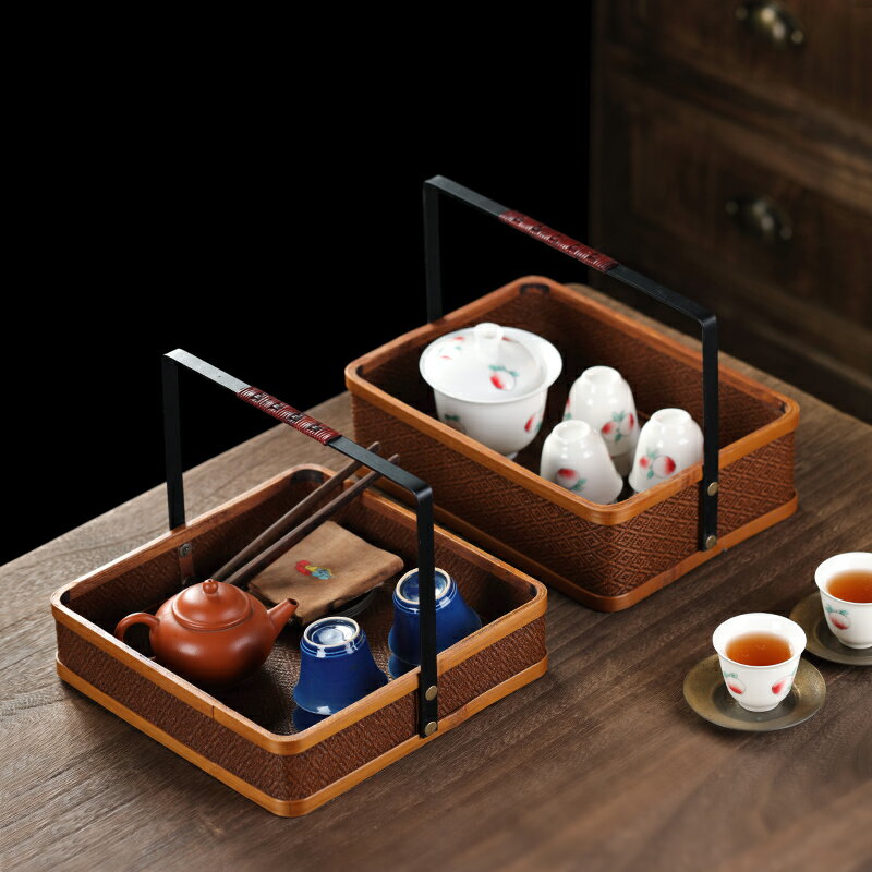 哲明 大漆菱形紋鐵藝提籃茶具收納盒文人盤茶棚點心食盒茶道日式