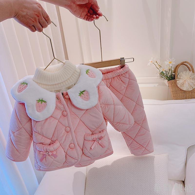 女童2023新款冬裝女寶寶三層加厚睡衣小童可愛加絨家居服套裝洋氣