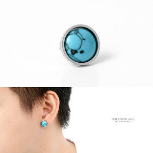 耳環 12mm大理石紋鋼製耳針耳環 柒彩年代【ND574】單支
