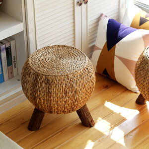 時尚創意家用圓凳 實木草編沙發板凳 休閑成人客廳腳凳