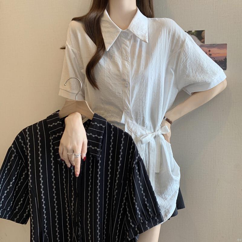 大码女装夏装新款宽松收腰显瘦设计感减龄衬衫不规则绑带上衣