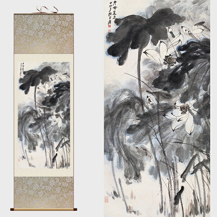 張大千水墨荷花絲綢畫卷軸畫國畫花鳥畫名家書法字畫客廳裝飾畫| 協貿