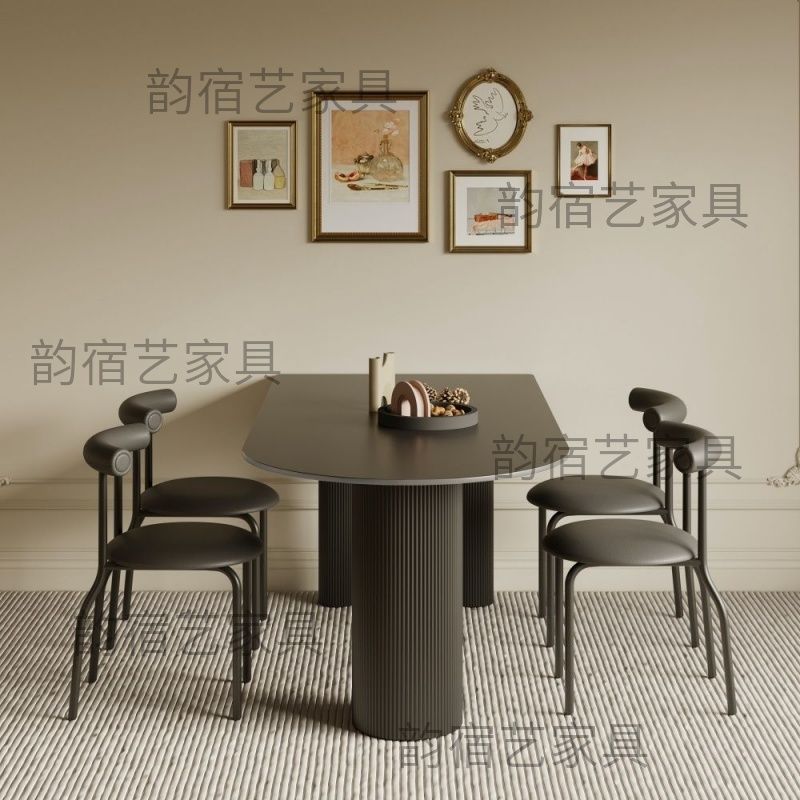 奶油風巖板餐桌椅組合小戶型島臺餐桌一體簡約餐桌家用靠墻飯桌