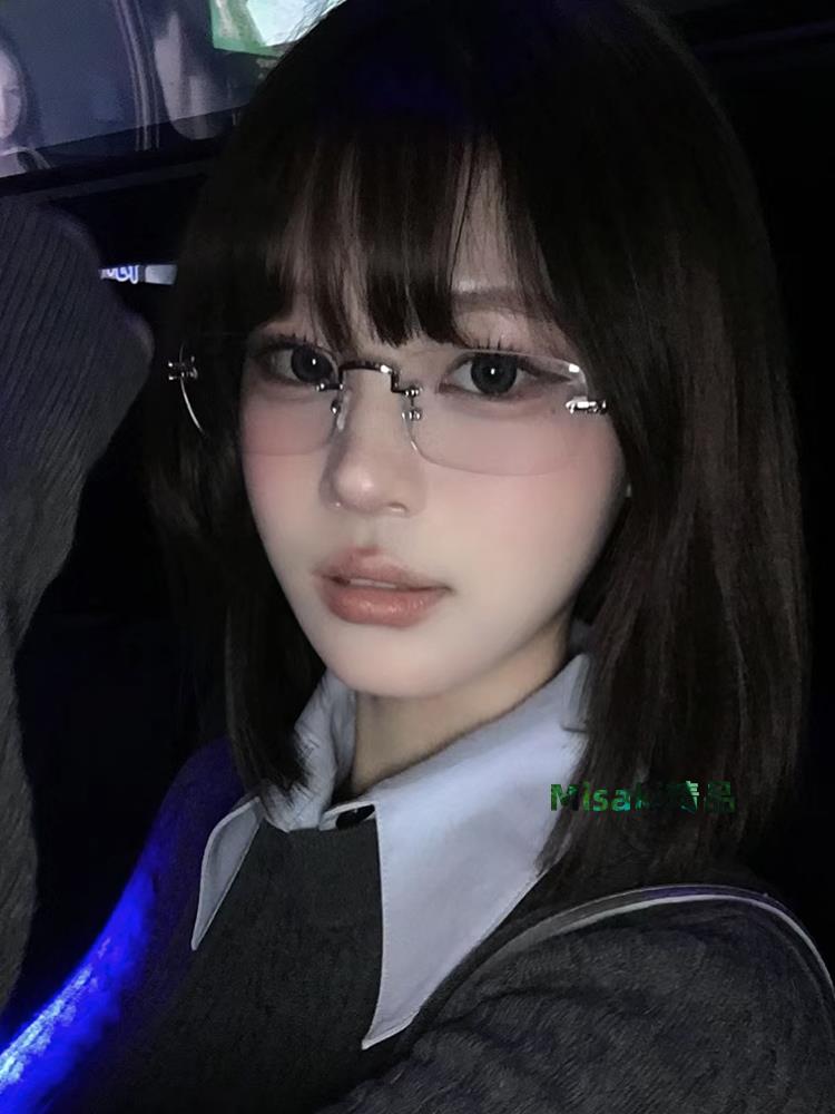 素顏金絲無框眼鏡近視女度數可配高階感無邊框純欲防藍光銀色鏡框-Misaki精品