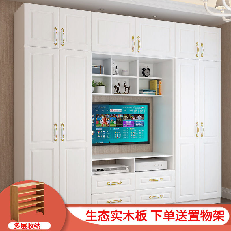 公司貨 免運/開票/安裝 現代簡約實木衣櫃電視櫃一體簡易儲物櫃臥室組裝傢俱組合木質櫃子 支援訂製 快速出貨 儲物櫃 電視櫃 書櫃 背景墻櫃 酒櫃 實木櫃D