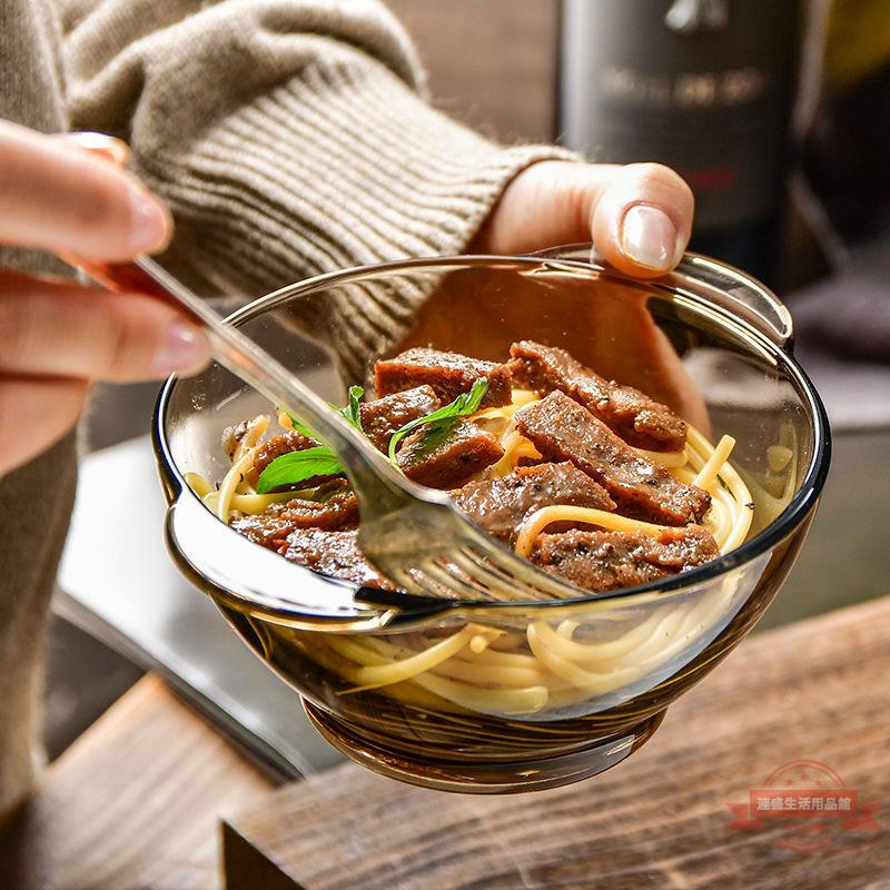 北歐茶色玻璃碗飯碗甜品碗沙拉碗雙耳湯碗麵碗家用耐熱餐具泡麵碗