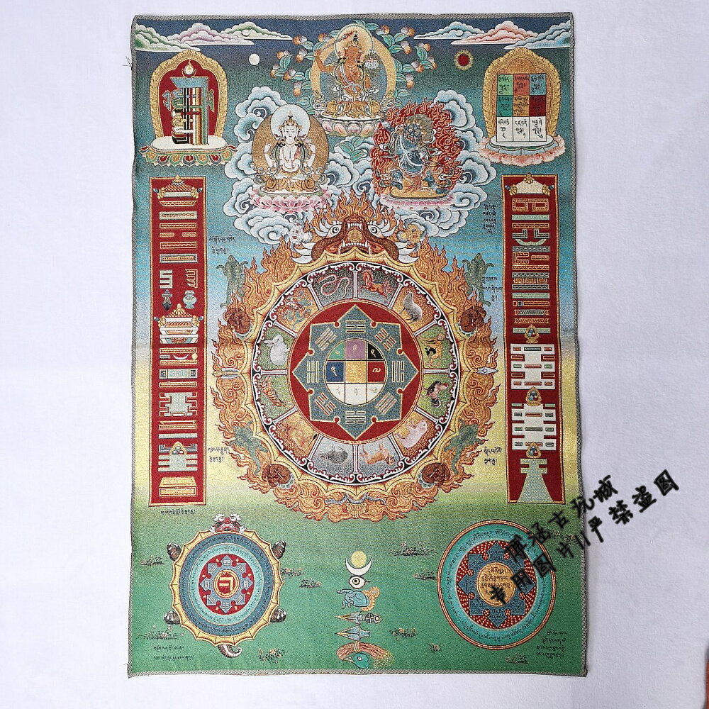 西藏金絲唐卡畫像 織錦絲綢繡 密宗 九宮八卦圖 十二生肖壇城圖