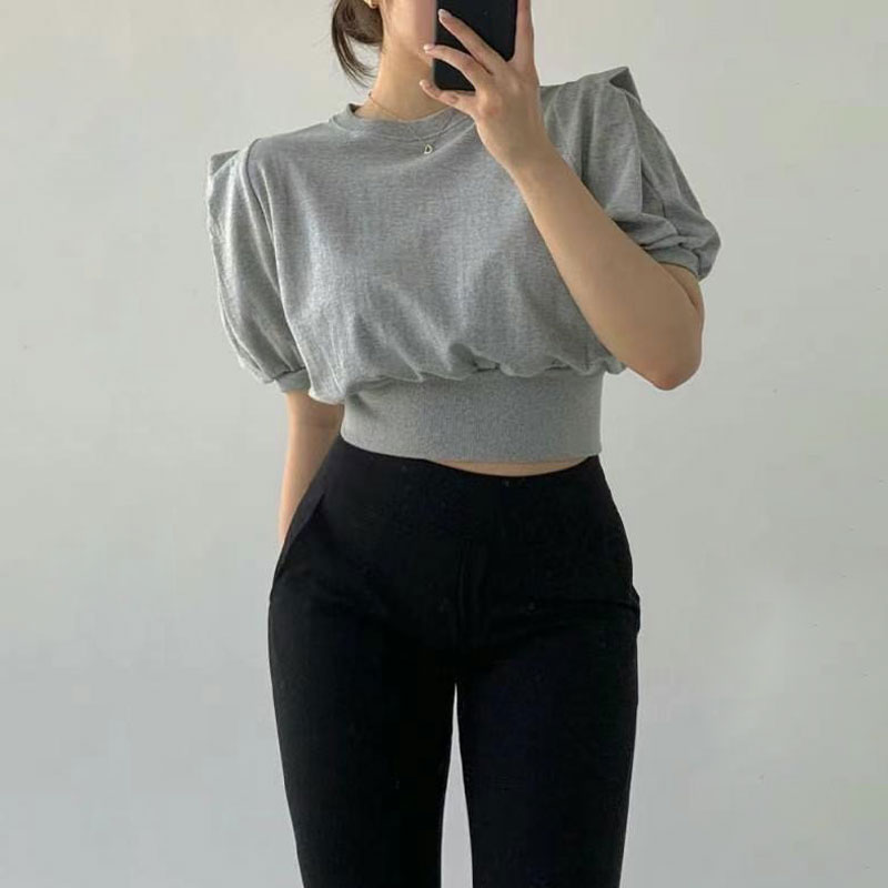 ANNAS 正韓墊肩造型短袖上衣 棉質短T 百搭素面顯瘦縮腰 韓國短袖T恤 3