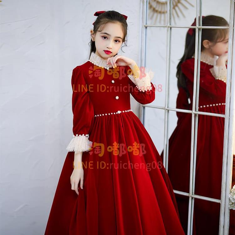 兒童鋼琴演奏服裝女童晚禮服主持人冬季紅色加厚公主連衣長裙【步行者戶外生活館】
