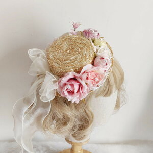 法式溫婉花朵少女甜美扁帽頭飾小清新lolita頭飾發飾頭花蕾絲發夾