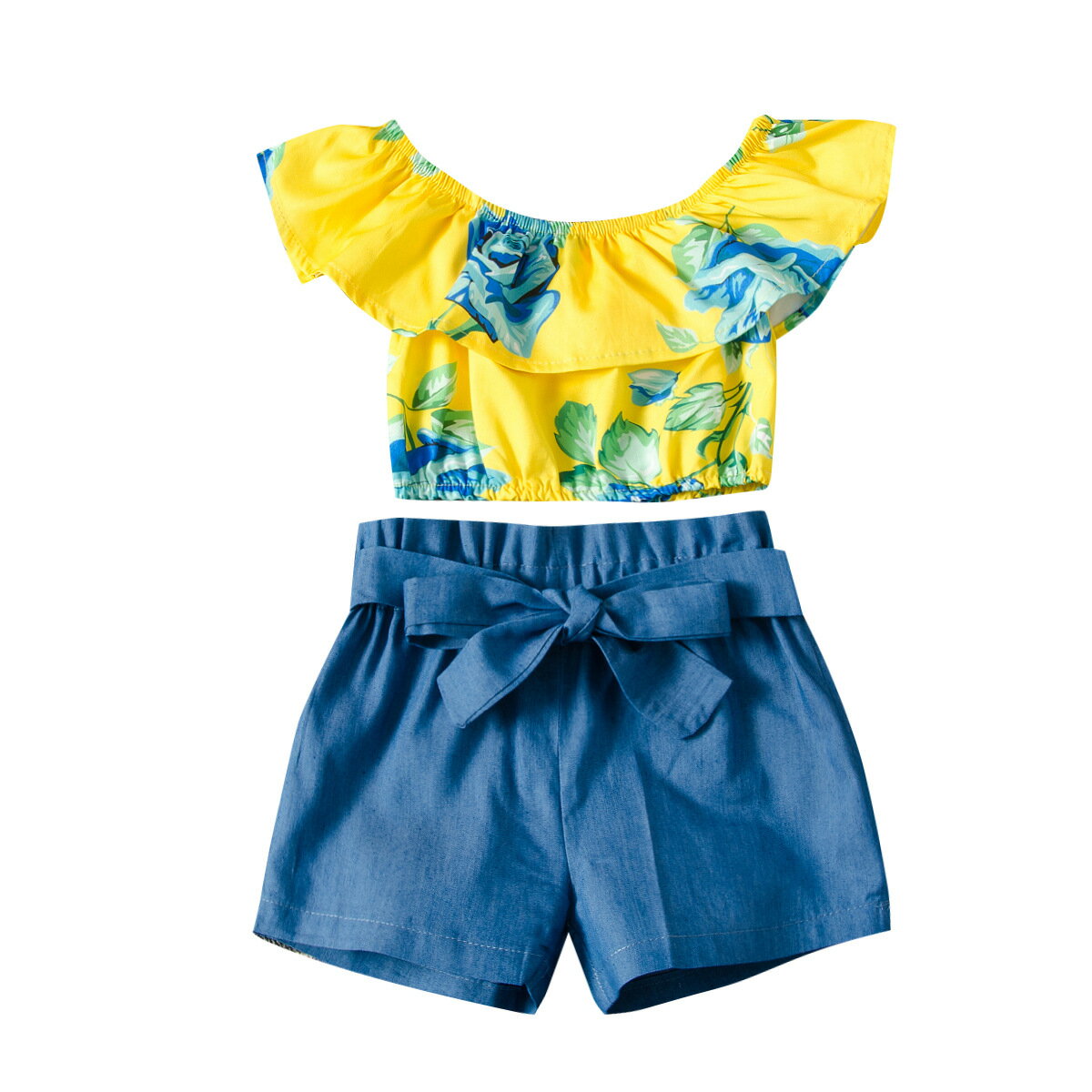 歐美新款夏季女寶無袖荷葉花邊衣領短裝系帶中小兒童短褲兩件套裝