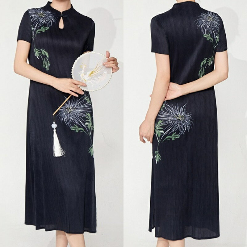 【巴黎精品】現貨+預購 三宅風皺褶衣服洋裝-短袖摺衣壓褶中式旗袍復古開叉折衣女裙子a1jq50