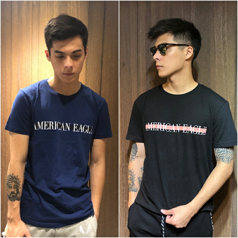 美國百分百【全新真品】American Eagle 短袖T恤 AE T-shirt 老鷹 logo 黑色/深藍 K329