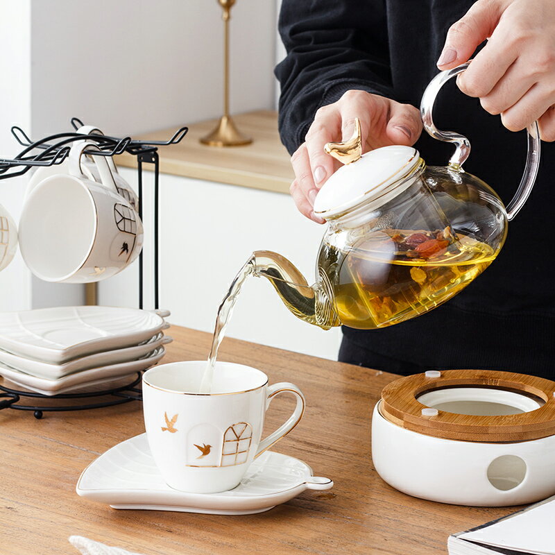 歐式花茶壺套裝家用陶瓷水果茶花茶杯帶過濾蠟燭加熱英式下午茶具