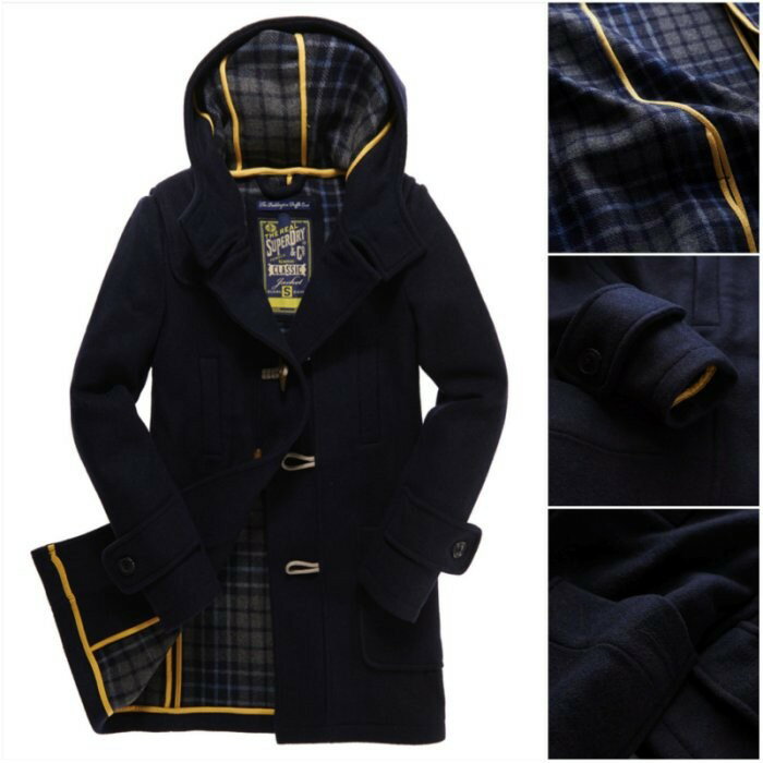 跩狗嚴選 極度乾燥 Superdry Padding Duffle 女款 格紋內襯 深藍 羊毛 牛角扣 長版 大衣 外套 連帽