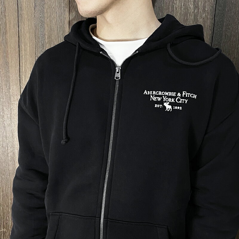 美國百分百【全新真品】Abercrombie & Fitch 連帽外套 刷毛 棉質 AF 長袖 logo 夾克 黑色/淺卡其 CY73 1