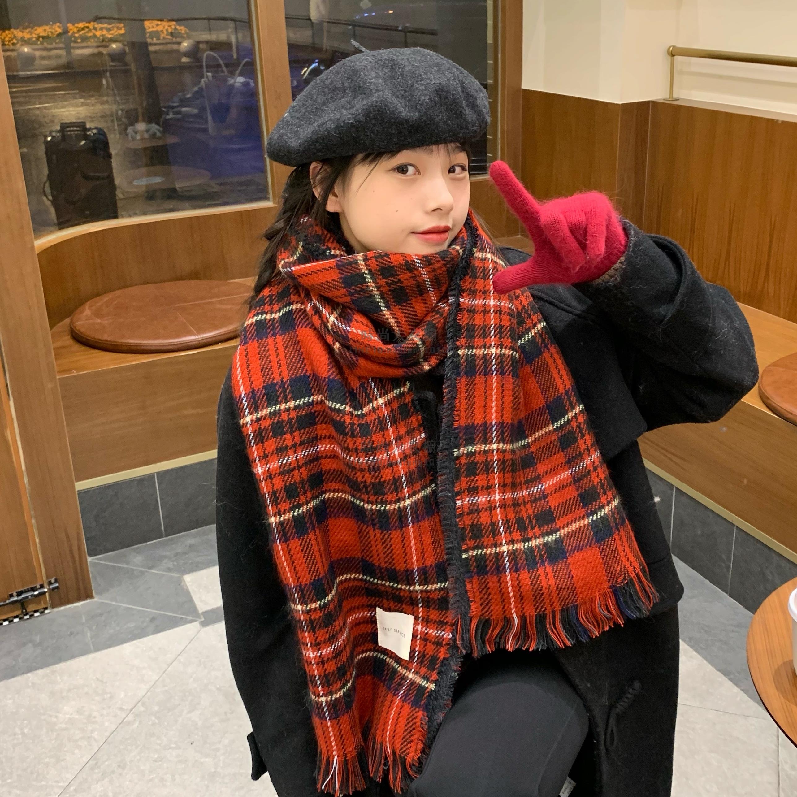 節日氛圍感紅色格子復古圍巾女韓版百搭圍脖保暖學生情侶披肩【時尚大衣櫥】