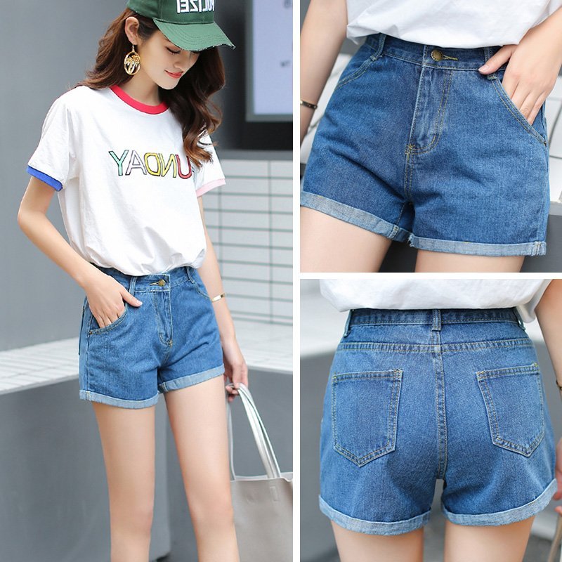 FINDSENSE H1 2018 夏季 韓國 時尚 牛仔 短褲 女 寬松 顯瘦 學生 藍色 闊腿 熱褲