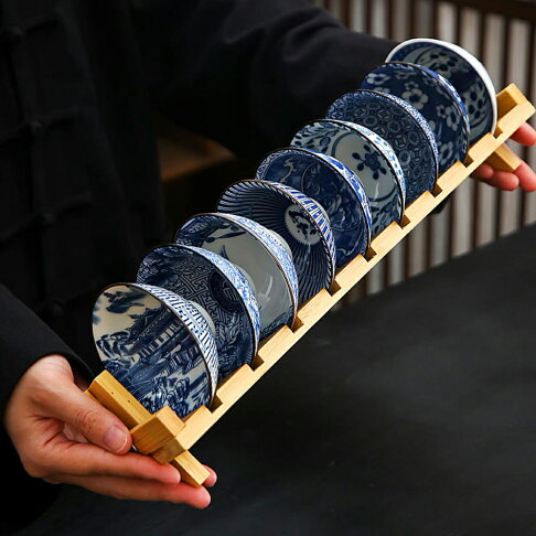 【24H現貨】9隻青花瓷斗笠杯陶瓷茶杯套裝 個人杯 折疊杯架 桌面彩繪杯 仿古釉下彩茶盞 免運 1