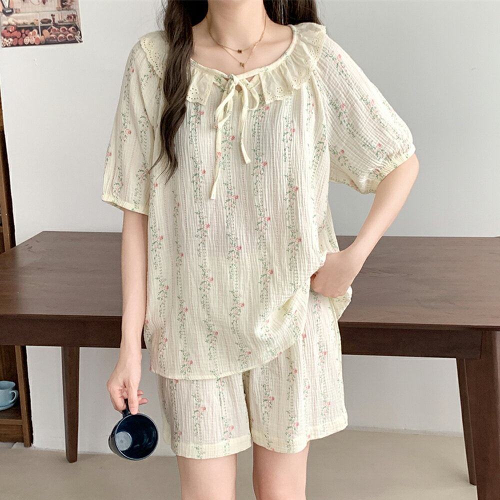 ＊ORead＊韓版豎條紋肌理碎花睡衣家居服套裝(圖片色M~2XL)【限定加碼✿全館滿額再折】