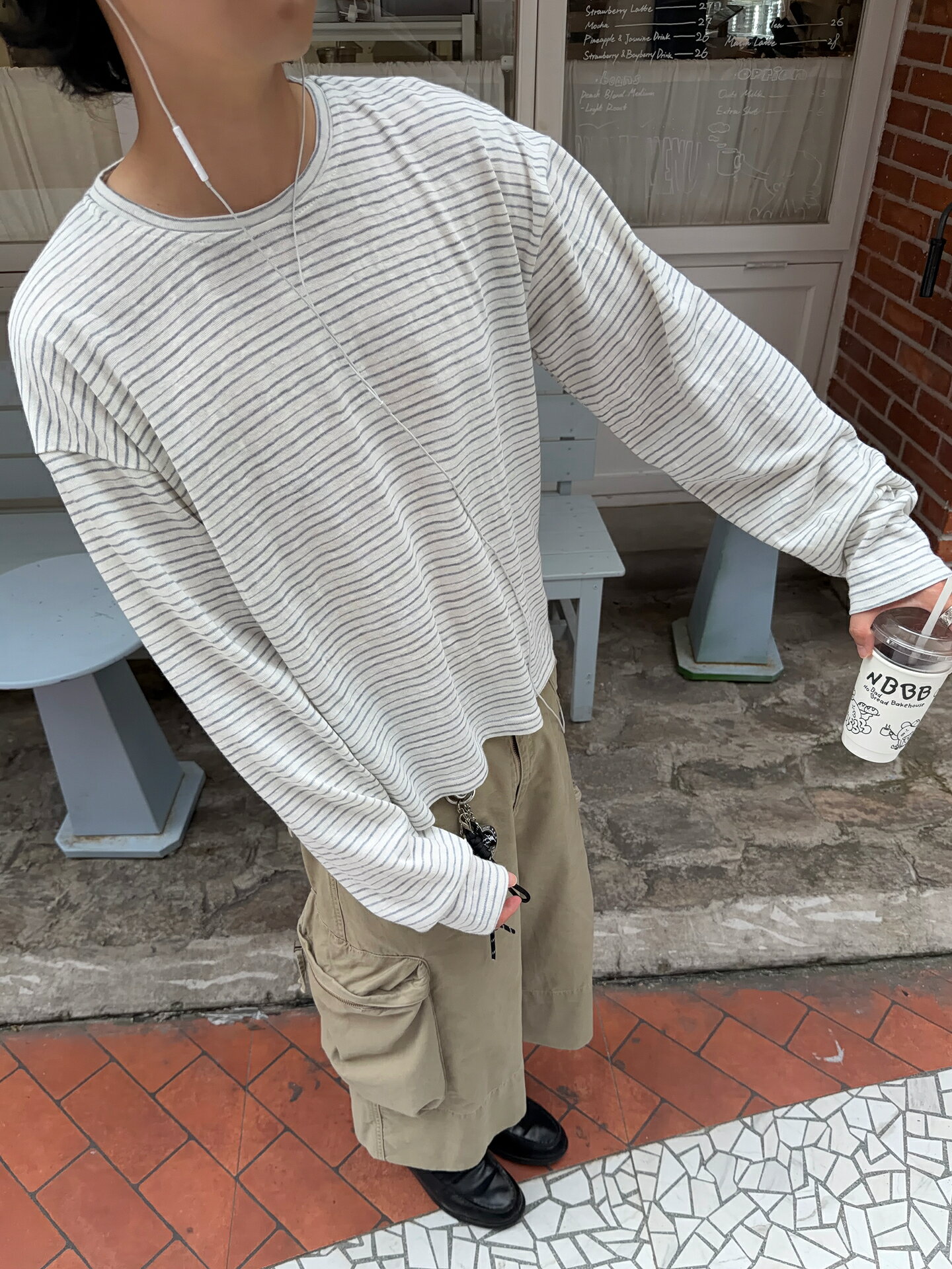 FATEEGG美式復古vintage做舊條紋長袖T恤寬鬆男女慵懶風內搭上衣