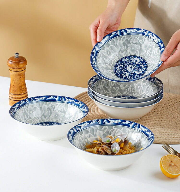 【家庭必備】句途青花瓷6個7英寸面碗大碗飯碗家用陶瓷餐具