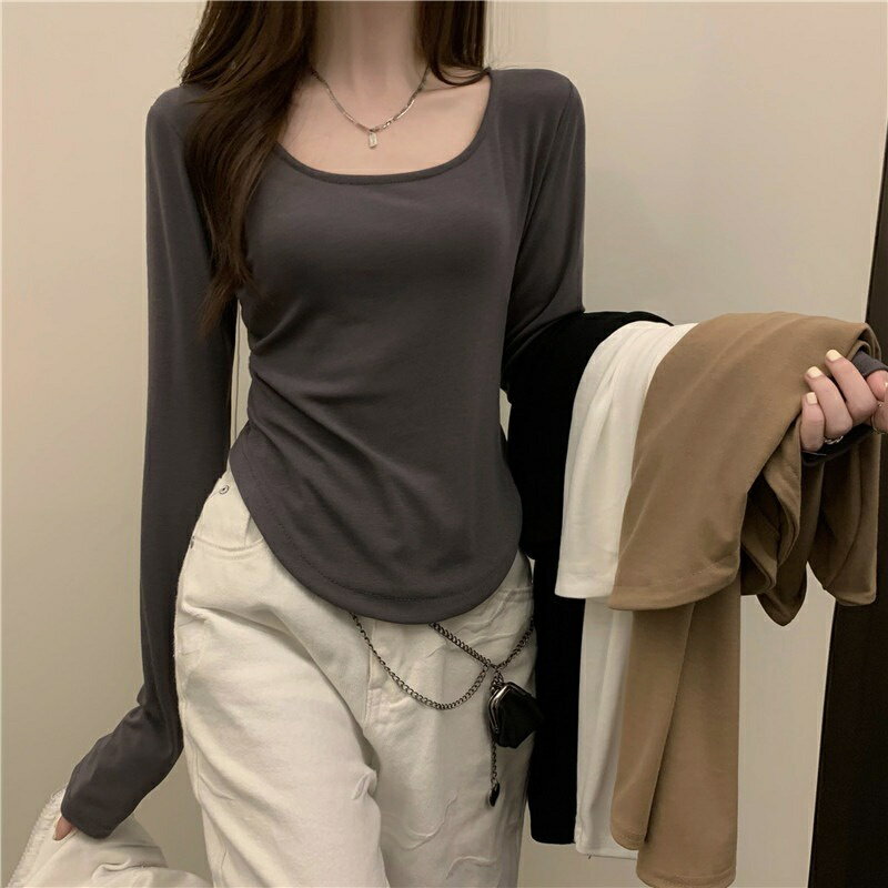 長袖t恤女 韓版彈性修身顯瘦不規則長袖上衣 女裝 衣服 寬鬆上衣 顯瘦上衣 素T 素棉上衣 打底衫【B8805】