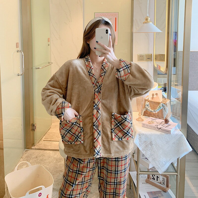 法蘭絨睡衣女冬兩件套韓版甜美輕奢格子秋冬珊瑚絨加絨加厚家居服