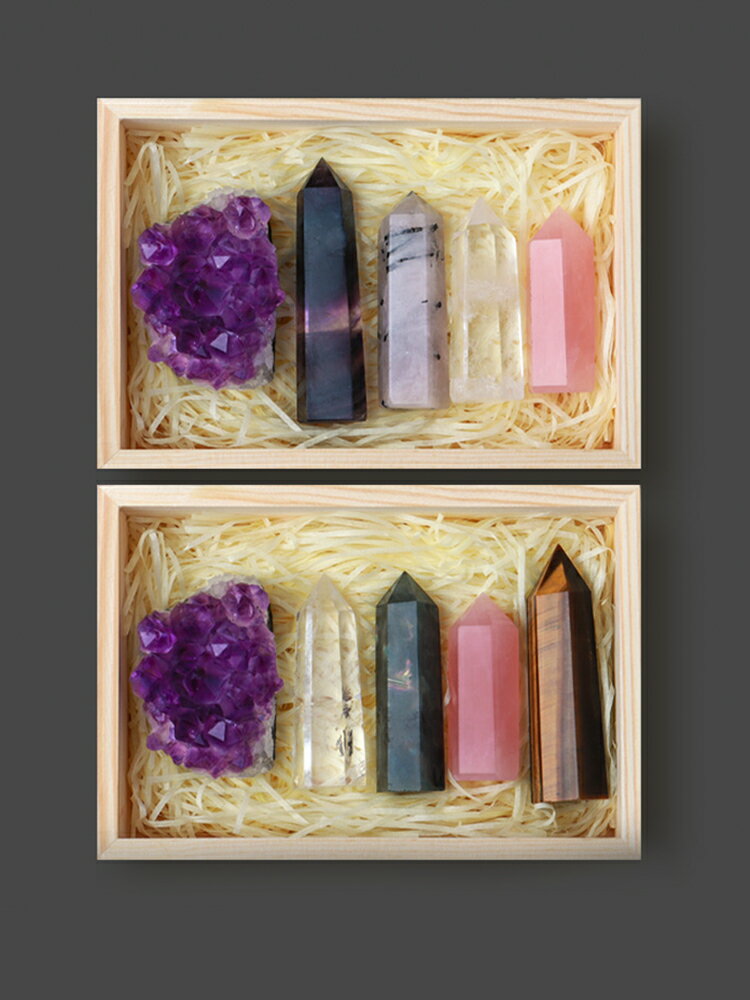 天然水晶柱礦石原石標本盒紫晶塊粉白水晶六棱柱書桌消磁寶石擺件