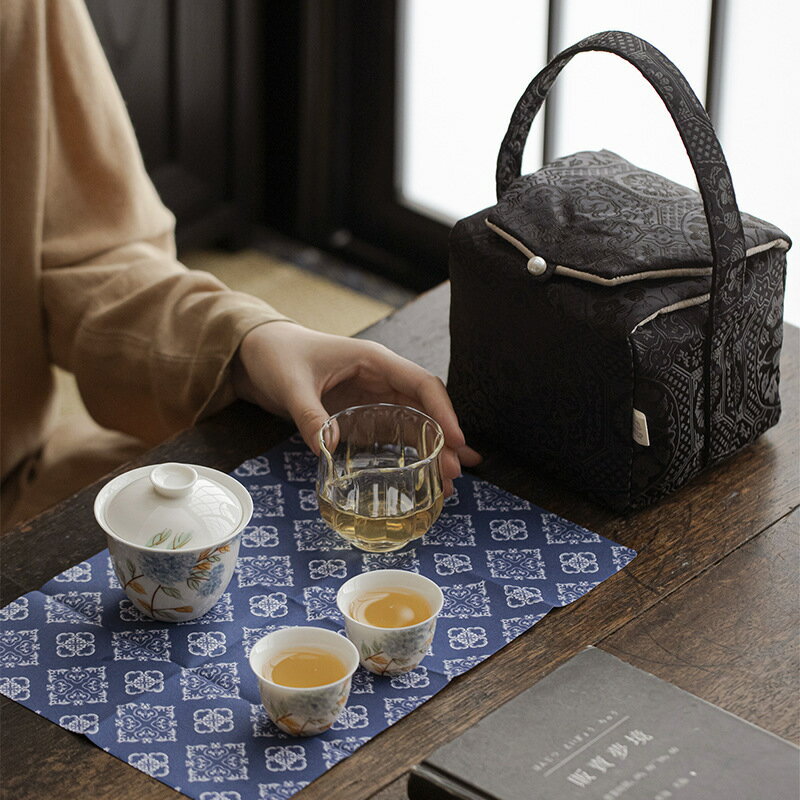 公司貨 免運 茶具套裝 茶杯 茶壺 茶具套裝禮盒 便攜式旅行茶具套裝手繪蓋碗茶杯整套功夫茶具收納袋茶事包