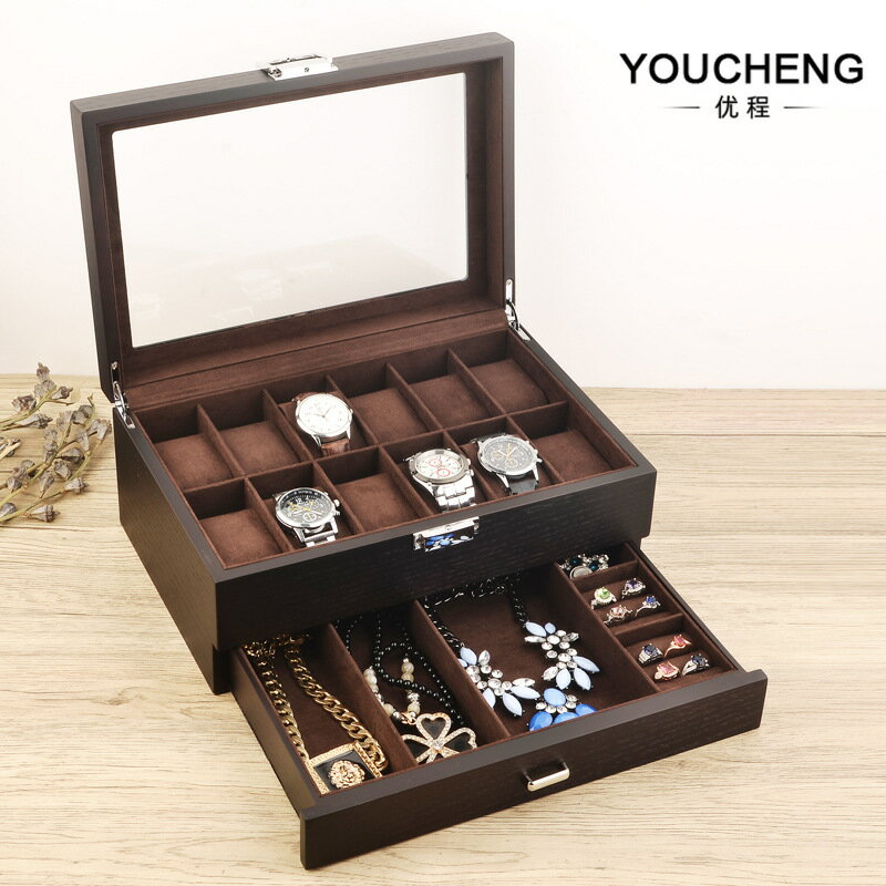 木紋噴漆手錶首飾盒12位手錶盒多功能收納盒戒指耳環盒