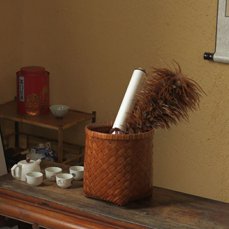 實用創意手工竹制竹編筐家用復古書報卷軸桌面收納籃雜物筐編織簍