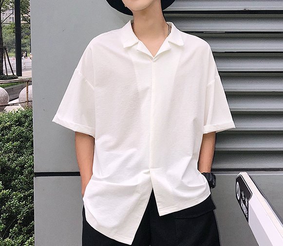 FINDSENSE H1 2018 夏季 新款 男 日本 簡約 純色 不規則剪裁 寬鬆百搭 短袖白色襯衫 休閒 潮上衣