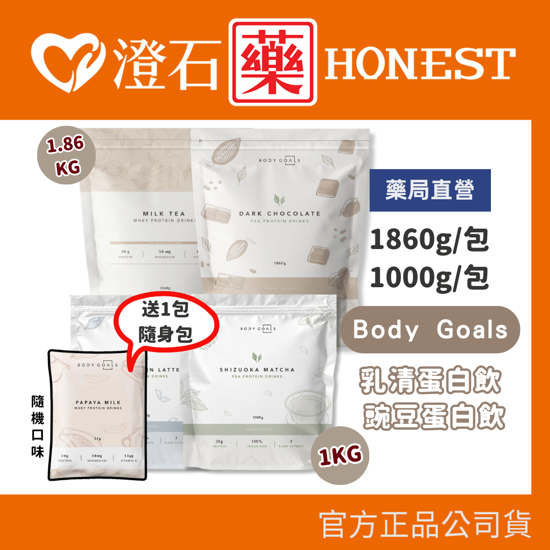 官方正品 Body Goals 乳清/豌豆蛋白飲 送隨身包 1.86KG 1KG 大包裝 含湯匙 植物性蛋白 澄石藥局