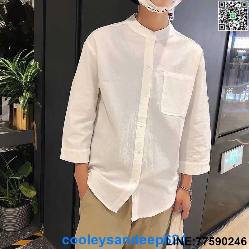 【町先生】3色現貨 韓國版型 棉麻素色襯衣 堅貨 立領七分袖寬鬆襯衫 亞麻素面男上衣 舒適超贊CP 文藝簡約清新男襯衫