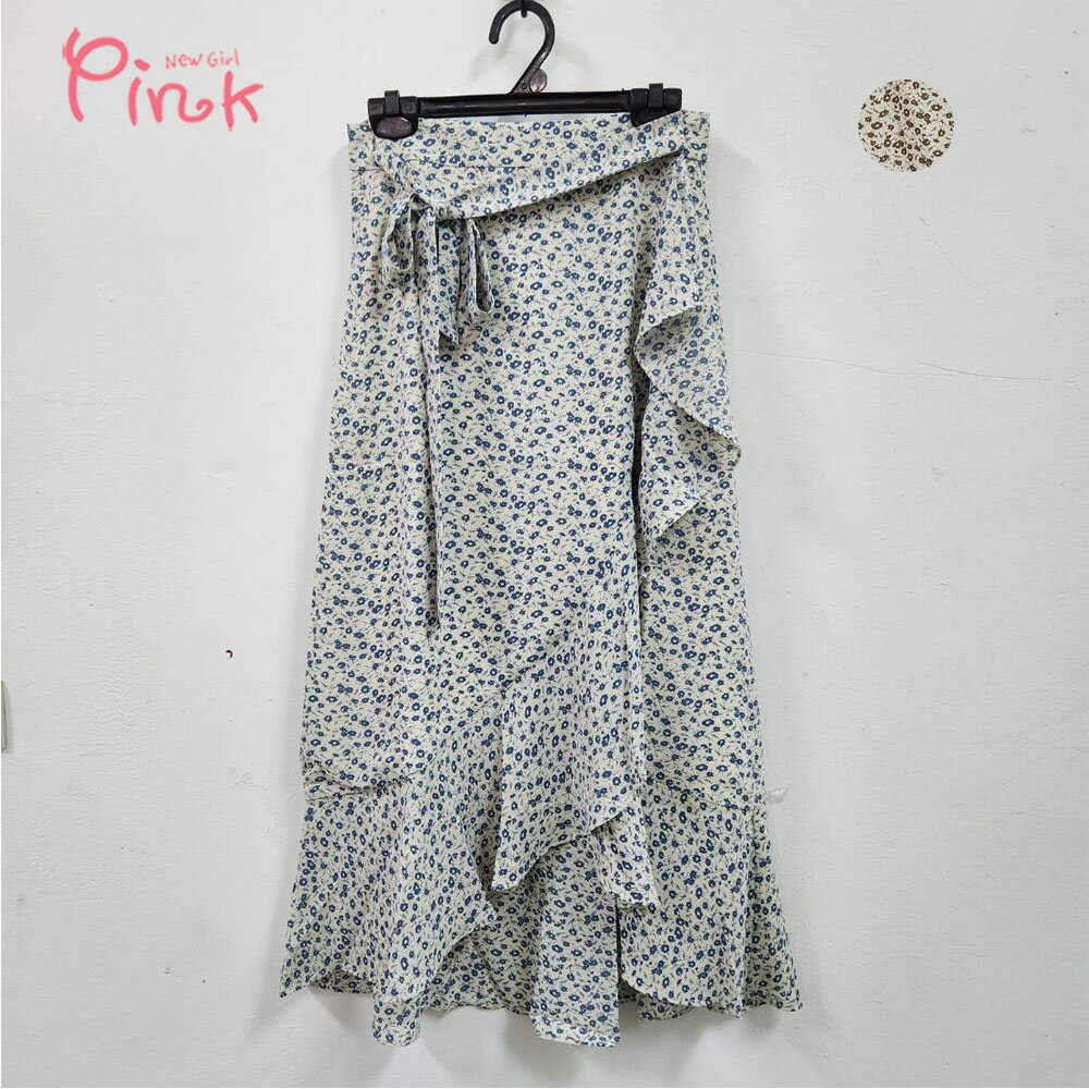 修身感★Pink滾邊荷葉碎花裙(藍/卡其)