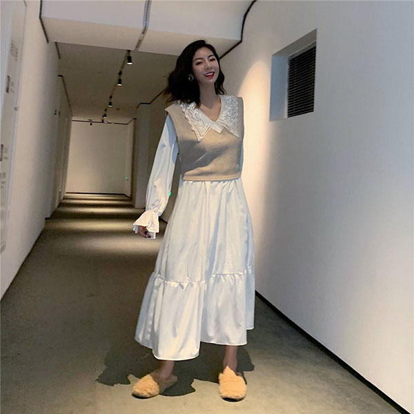 兩件式 蕾絲 翻領 洋裝 連身裙 連衣裙 長裙 長洋裝 襯衫 喇叭袖 荷葉 氣質 婚宴 婚禮 過年 新年 韓國 ANNA S.599 4