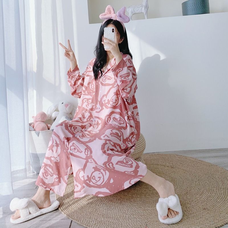 睡衣睡裙女寬松長袖裙子孕婦開衫連衣裙寬松外穿家居服【倪醬】