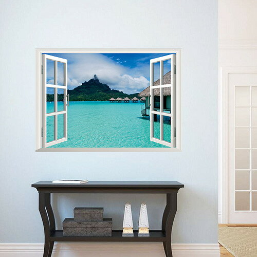 海洋小屋壁貼 3D立體壁貼 海洋沙攤 可重覆黏貼 貼紙 辦公室 客廳 臥室貼 假窗戶風景 沂軒精品 E0049