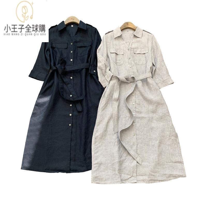 【公司現貨速發】免運 開發票 小王子女裝高階精品連衣裙博主同款亞麻襯衫裙中袖夏季灰色女士氣質新款女裝上衣 流行女裝 棉麻 早秋 日韓女裝