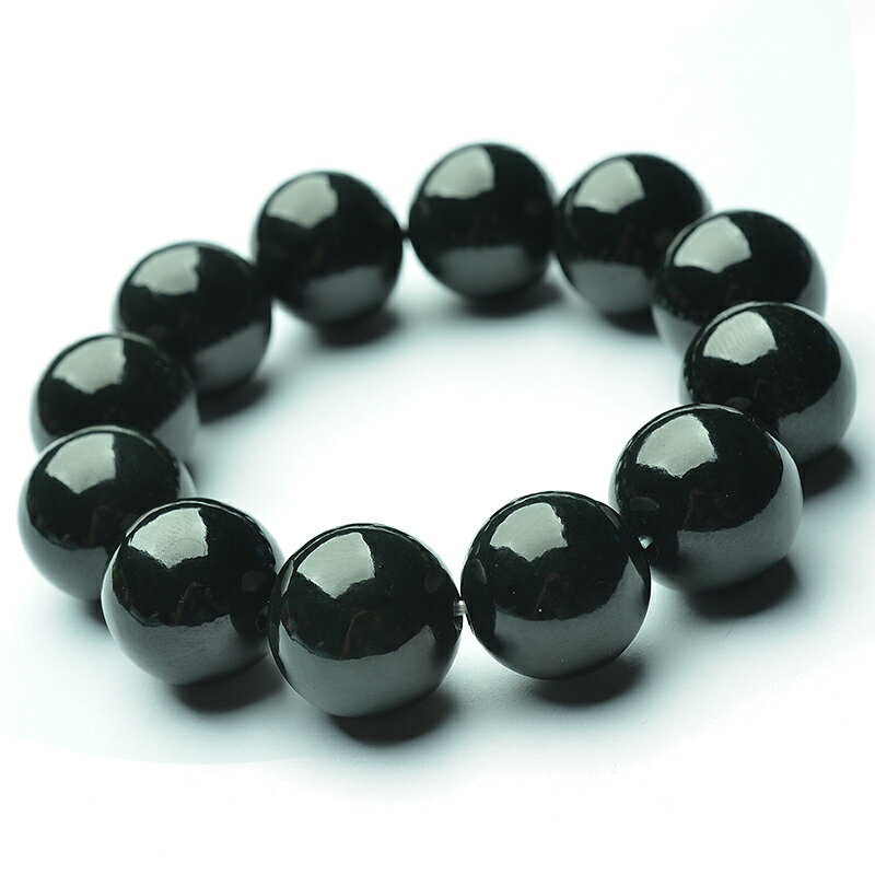 天然新疆墨玉手鏈男女款和田墨玉手串19mm圓珠玉石玉器帶證書1入| 銀