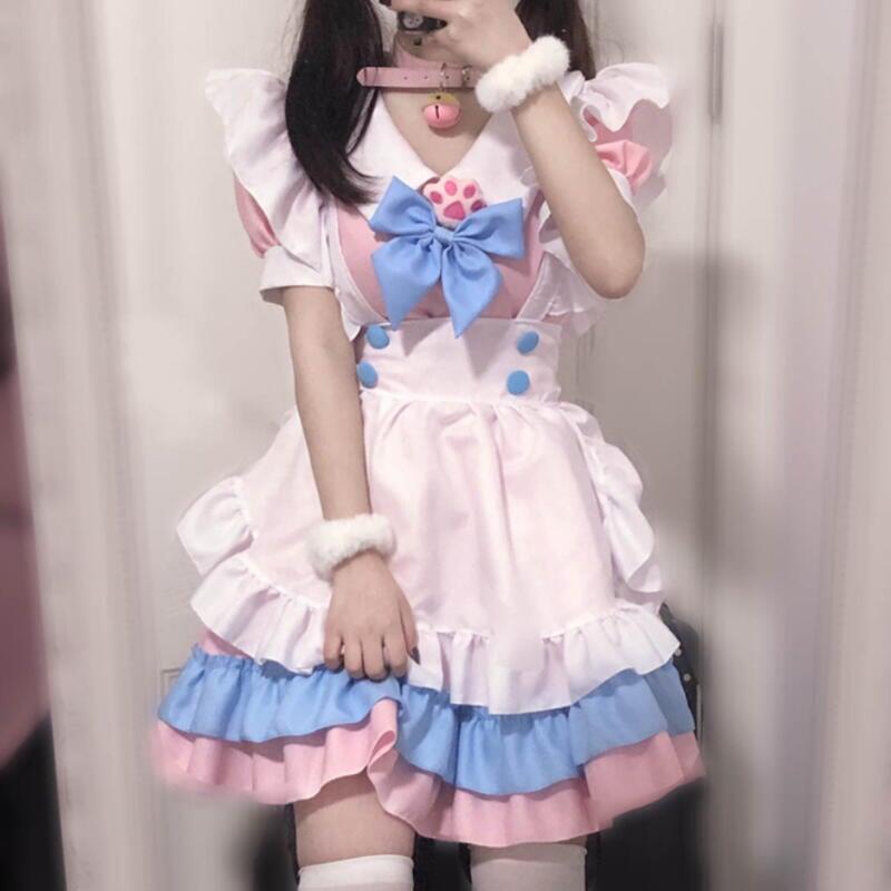 【新店鉅惠】日常女僕裝粉藍色制服cos大碼套裝男圍裙lolita可愛萌娘女傭主播