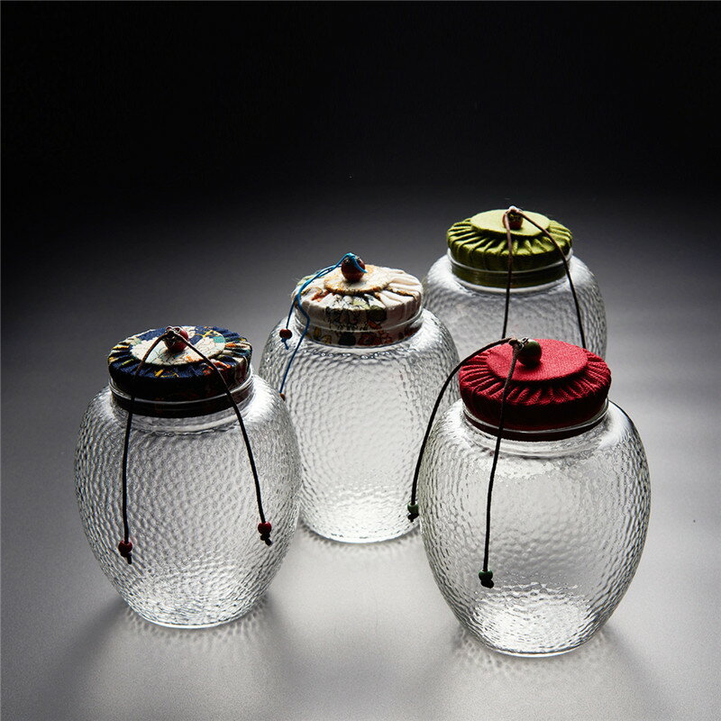 玻璃茶葉罐密封罐木蓋布藝竹木錘紋茶罐 透明防潮茶倉儲存茶罐