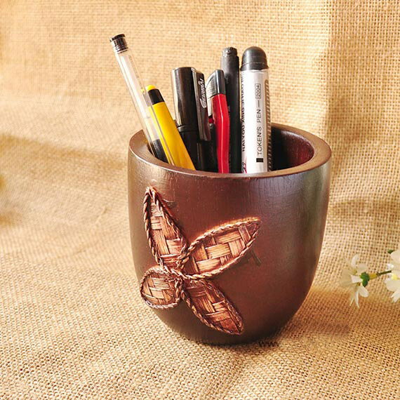泰國特色工藝品木制竹編筆筒 東南亞裝飾擺件 收納盒1入
