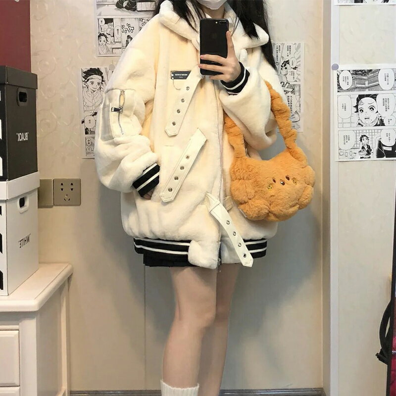 外套女2021秋冬新款小子加絨加厚毛茸茸國潮ins皮扣羊羔絨外套