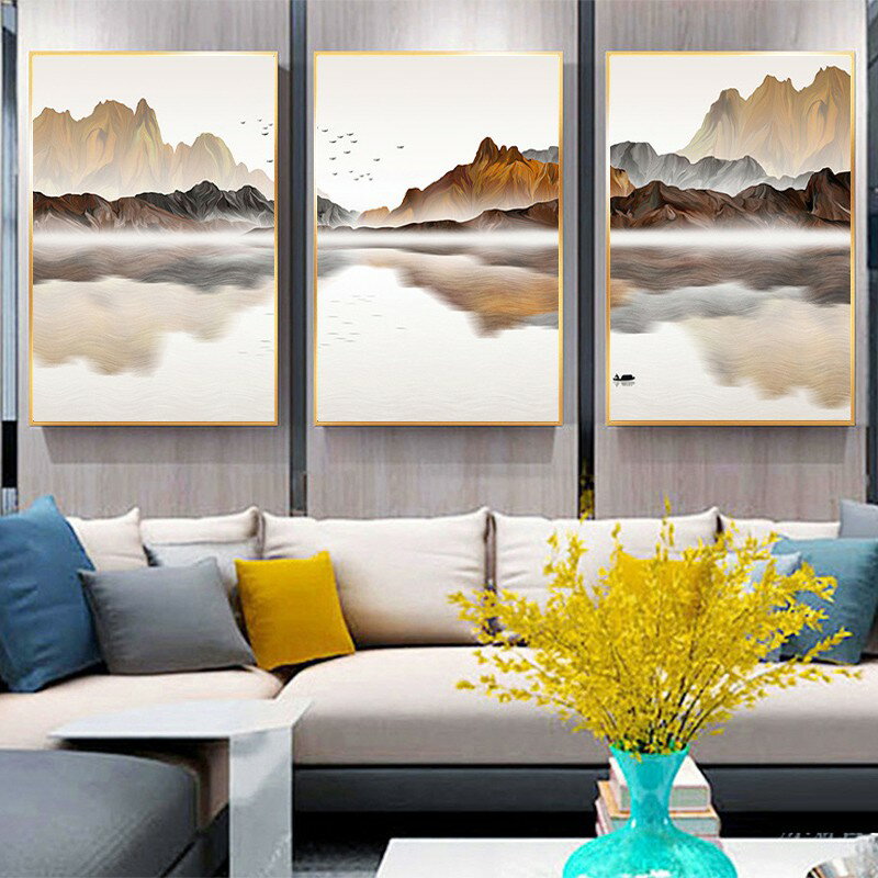 簡約現代裝飾畫客廳山水晶瓷畫輕奢大氣過道三聯掛畫鋁合金邊框
