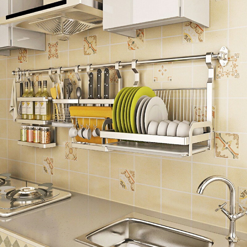 廚房不鏽鋼掛架 不銹鋼廚房置物架免打孔掛桿壁掛式放碗筷瀝水碗架調料架子收納架『XY16235』