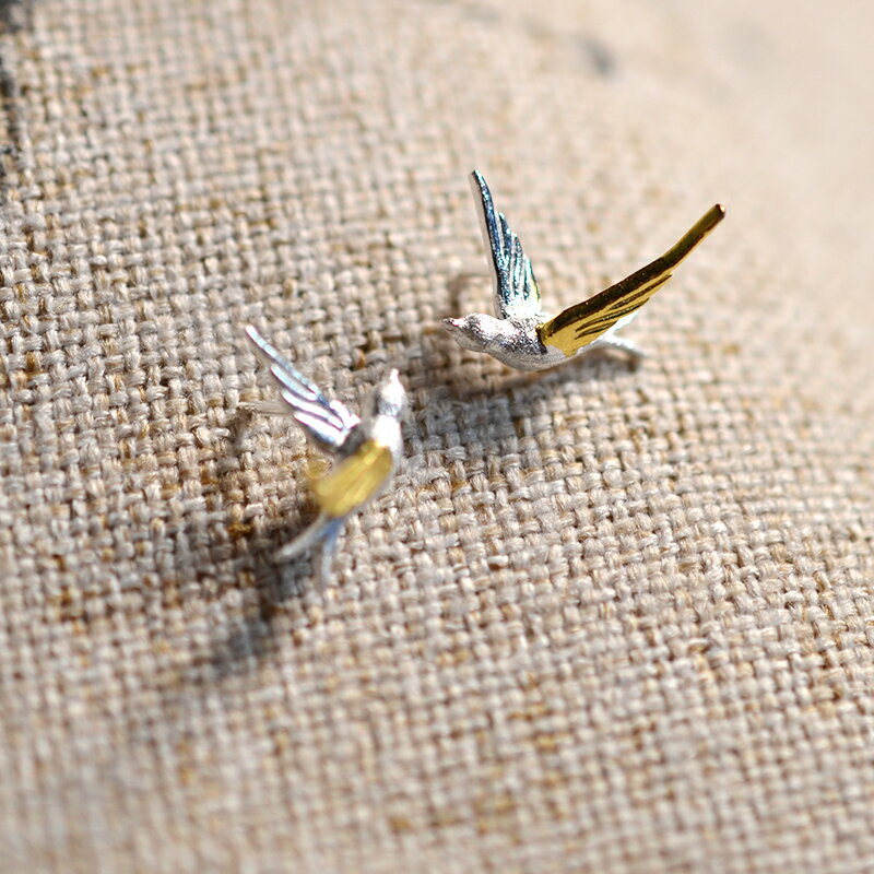 925銀耳飾古典文藝銀鍍金拉絲立體小鳥圖案造型耳釘配禮盒